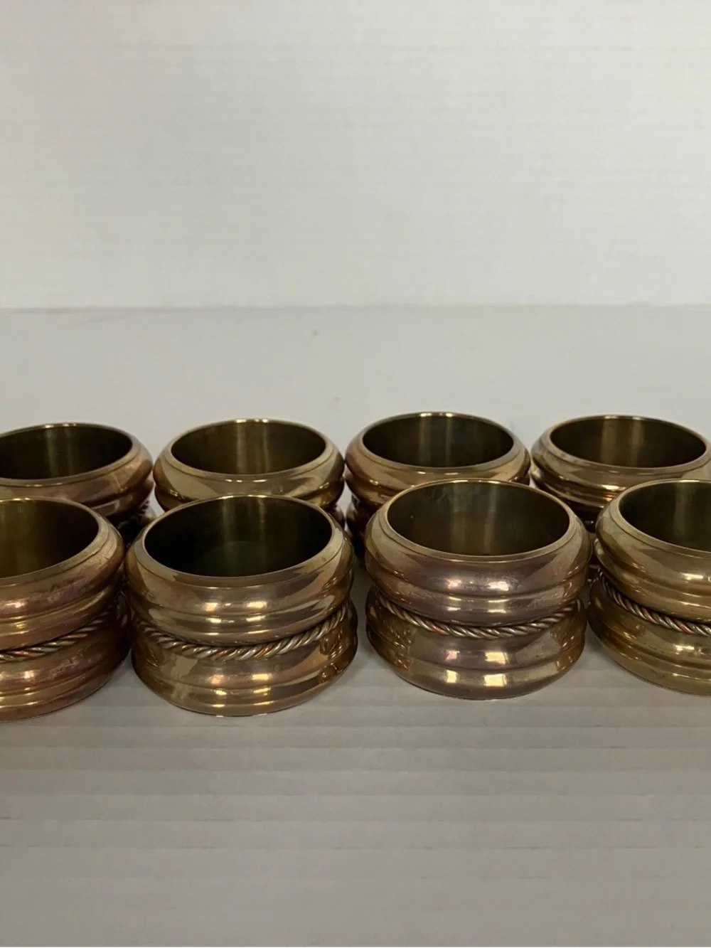 Vintage Gold Brass Metallic Napkin Rings Set of 8 Ribbed Rope Details